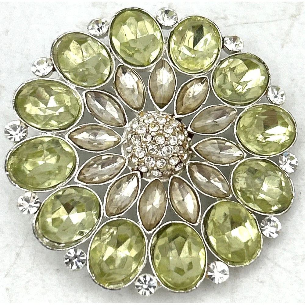 Vintage Green & clear rhinestone flower brooch pin‎